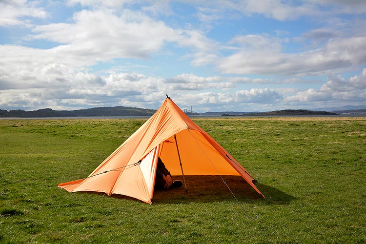 DD Superlight tarp orange set up as a tent