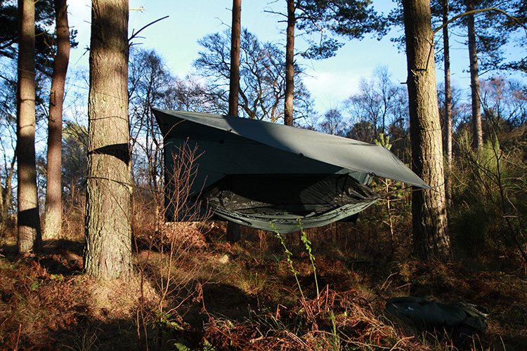 DD Travel Hammock in woodlands with tarp