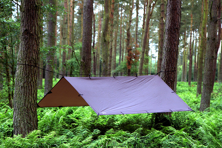 DD Tarp 3x3 brown set up in the woods