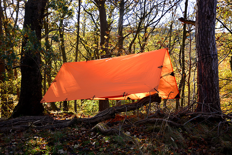 DD Tarp 3x3 orange set up in the woods