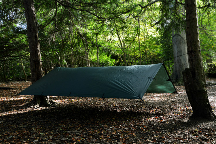 DD Tarp 3x3 set up as an a-frame in the woods