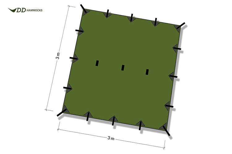 DD Tarp 3x3 diagram shows attachment points and size