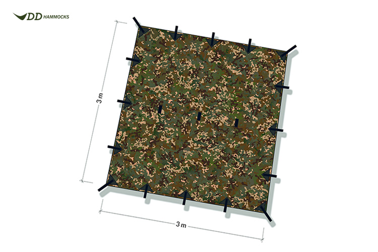 DD Multicam Tarp 3x3 diagram showing attachment points and size