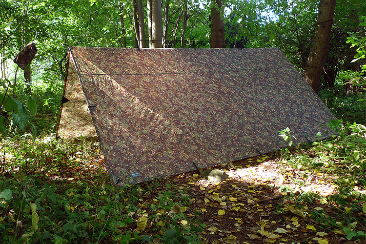 DD Tarp 4x4 MC set up as a-frame shelter on the ground