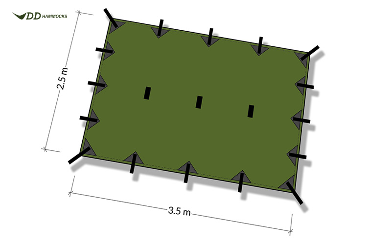 Diagram showing DD Tarp M attachment points and size